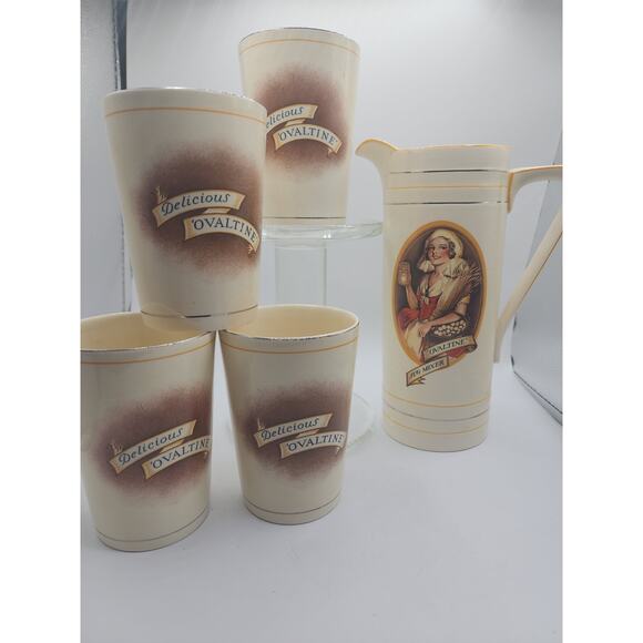 Vintage Ovaltine Jug Mixer with 4 Matching Cups - Porcelain - Picture 1 of 7